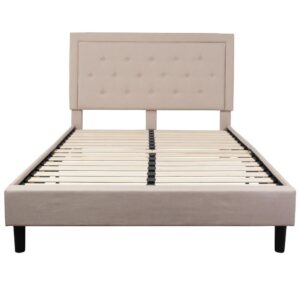 low profile platform bed. Platform beds are designed to give your room an open concept feel and are perfect for those who don't like high seated beds. One advantage is the soft panel headboard as well as the cushion like base. The headboard features button tufted upholstery. The frame features 15 wood slats that are designed to support your mattress without the use of a box spring. Finally
