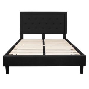 low profile platform bed with button tufting and embedded outline designed headboard. This upholstered bed frame has just enough character to enhance the look in your bedroom. The low frame will keep the bedroom feeling open and allow easy access to making up your bed. The frame features a center support leg and 15 wooden slats that are designed to support your mattress without the use of a box spring. Purchase a pocket spring mattress to complete your bed and prepare for a wonderful night's rest.