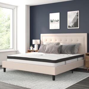 low profile platform bed with button tufting and embedded outline designed headboard. This upholstered bed frame has just enough character to enhance the look in your bedroom. The low frame will keep the bedroom feeling open and allow easy access to making up your bed. The frame features a center support leg and 15 wooden slats that are designed to support your mattress without the use of a box spring. The 10" pocket spring mattress provides superior motion isolation and supports the contours of your body. The interior make-up consists of pocket spring coils and CertiPUR-US Certified foam. The mattress instantly starts expanding once you cut the plastic and will return to its original shape in 48 to 72 hours. Get a wonderful night's rest on this platform bed and mattress set.
