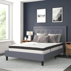 low profile platform bed with button tufting and embedded outline designed headboard. This upholstered bed frame has just enough character to enhance the look in your bedroom. The low frame will keep the bedroom feeling open and allow easy access to making up your bed. The frame features a center support leg and 15 wooden slats that are designed to support your mattress without the use of a box spring. The 10" pocket spring mattress provides superior motion isolation and supports the contours of your body. The interior make-up consists of pocket spring coils and CertiPUR-US Certified foam. The mattress instantly starts expanding once you cut the plastic and will return to its original shape in 48 to 72 hours. Get a wonderful night's rest on this platform bed and mattress set.