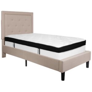 this low profile twin sized platform bed and mattress in a box set is the perfect place to start. Classic design never goes out of style. The outlined headboard features the understated look of button tufted upholstery that will always be in fashion. Platform beds are designed to give your room an open concept feel and are perfect for those who don't like high seated beds. This hybrid twin mattress