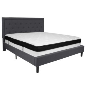 this low profile king sized platform bed and mattress in a box set is the perfect place to start. Classic design never goes out of style. The outlined headboard features the understated look of button tufted upholstery that will always be in fashion. Platform beds are designed to give your room an open concept feel and are perfect for those who don't like high seated beds. This hybrid king mattress