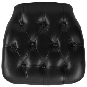 Hard cushions are the most popular choice in the rental and event industry offering firm support. Event coordinators also love the ability to customize the look of the chairs through the use of cushions. This black padded cushion will ensure that guests are seated comfortably. These button tufted cushions will make an elegant show piece to top off a beautiful reception. The hook and loop adhesive backing allows secure adhesion to chairs. The hard cushion provides firm support for guests while adding in a little extra padding