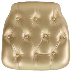 Hard cushions are the most popular choice in the rental and event industry offering firm support. Event coordinators also love the ability to customize the look of the chairs through the use of cushions. This gold padded cushion will ensure that guests are seated comfortably. These button tufted cushions will make an elegant show piece to top off a beautiful reception. The hook and loop adhesive backing allows secure adhesion to chairs. The hard cushion provides firm support for guests while adding in a little extra padding