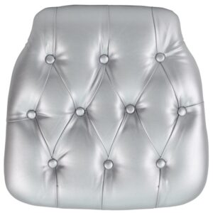 Hard cushions are the most popular choice in the rental and event industry offering firm support. Event coordinators also love the ability to customize the look of the chairs through the use of cushions. This silver padded cushion will ensure that guests are seated comfortably. These button tufted cushions will make an elegant show piece to top off a beautiful reception. The hook and loop adhesive backing allows secure adhesion to chairs. The hard cushion provides firm support for guests while adding in a little extra padding