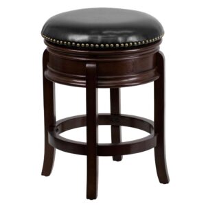 Set a welcoming tone at your kitchen island or bar with this wooden swivel counter stool. These traditional stools will look gorgeous around your pool table to give everyone a good view while playing or waiting to take on the winner. This swivel stool is crafted from a durable wooden frame finished in a cappuccino finish and has floor glides that'll protect your hard surfaced flooring. Backless stools allow full access seating from every angle and provide a clean line of vision when pushed underneath kitchen island overhangs. The circular footrest stabilizes the stool and supports your feet for comfort. Attractively styled with nailhead trimming and bowed legs