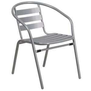 restaurant or hospitality business. This chair features a modern curved slat style back to keep you comfortable and a textured seat for safe seating. The lightweight design of this chair makes it a breeze to move and allows it to easily stack for storage while cross braces provide extra stability. The protective plastic feet prevent damage to flooring. The frame is designed for all-weather use making it a great option for indoor and outdoor settings. For longevity