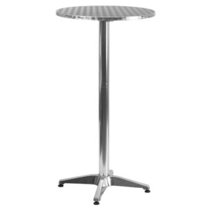 the top flips up with a touch of a button and is easy to clean. Transport with ease as this bar height dining table has a lightweight aluminum base to quickly move indoor and outdoors for your events. Create a formal setting by covering this table in a long table cover or use as is outdoors on the patio. With seating for two
