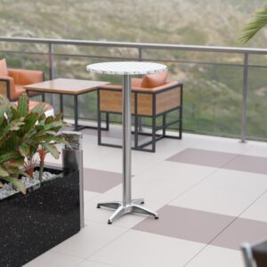 Give guests a place to chat or some much needed real estate to hold glasses or hors d'oeuver plates with this aluminum bar height table. The shiny aluminum finish paired with a smooth designer looking top makes a great addition to any event venue
