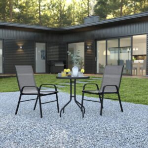 but is smooth to the touch to keep items level. The round patio table provides the perfect conversational setting. Sling patio chairs have breathable