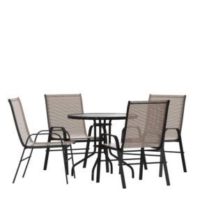 Entertaining outdoors can be relaxed or elegant depending on your occasion so don't put off furnishing the outdoor space at your home or business any longer. This 5 piece patio table set for 4 boasts a round outdoor glass table with a designer rippled look