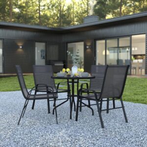 but is smooth to the touch to keep items level. A round patio table is the perfect configuration for easy conversations between guests. Ergonomic sling design patio chairs with curved arms not only look great