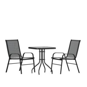 Create an intimate dining space on your balcony at home or the outdoor dining area at your cafe or eatery with this 3 piece patio dining set. The outdoor glass table has a designer rippled look