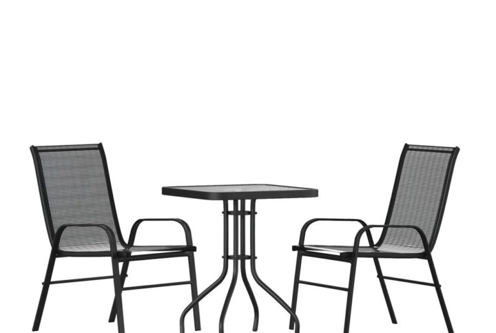 Create an intimate dining space on your balcony at home or the outdoor dining area at your cafe or eatery with this 3 piece patio dining set. The outdoor glass table has a designer rippled look