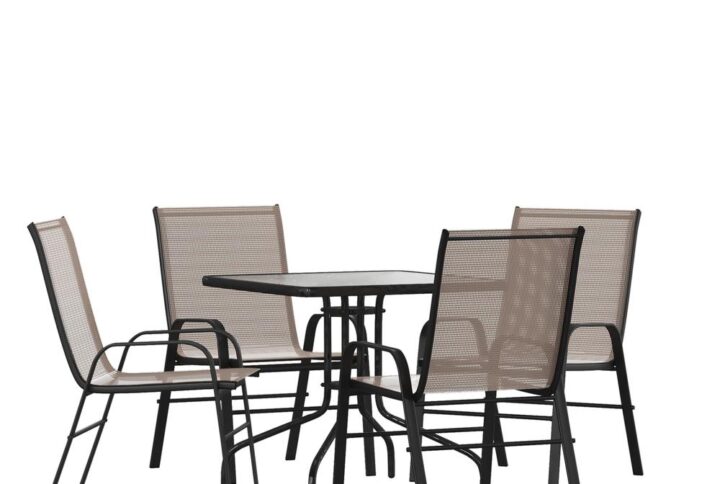 Entertaining outdoors can be relaxed or elegant depending on your occasion so don't put off furnishing the outdoor space at your home or business any longer. This 5 piece patio table set for 4 boasts a square outdoor glass table with a designer rippled look