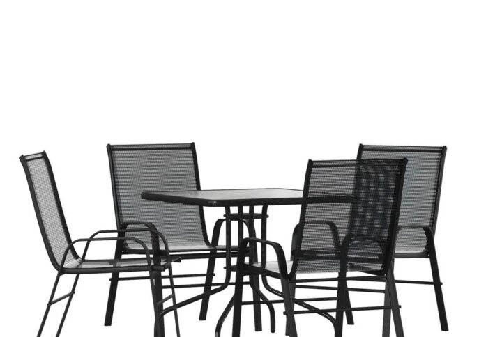 Entertaining outdoors can be relaxed or elegant depending on your occasion so don't put off furnishing the outdoor space at your home or business any longer. This 5 piece patio table set for 4 boasts a square outdoor glass table with a designer rippled look