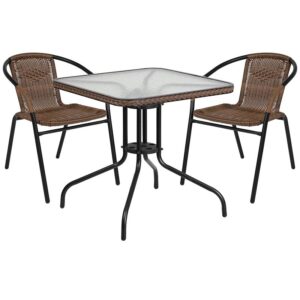 this square table and 2 chair set is just what you need. The table's rippled designer glass top has a smooth surface for keeping items level. The rattan edge band complements the chairs and adds just the right touch for a stylish cohesive look. The lightweight chairs feature a curved back