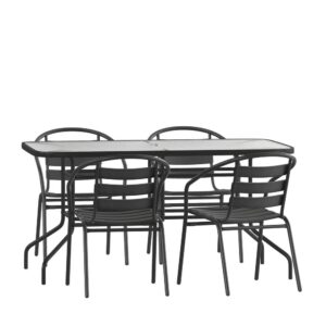 Have the beautiful patio or deck setting you've always wanted at your home or business with this modern black outdoor patio dining set for 4. The sizable rectangular outdoor glass table has a designer rippled look