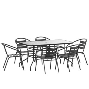Have the beautiful patio or deck setting you've always wanted at your home or business with this modern black outdoor patio dining set for 6. The sizable rectangular outdoor glass table has a designer rippled look
