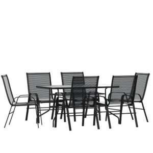 Have the beautiful patio or deck setting you've always wanted at your home or business with this modern outdoor patio dining set for 6. The sizable rectangular outdoor glass table has a designer rippled look