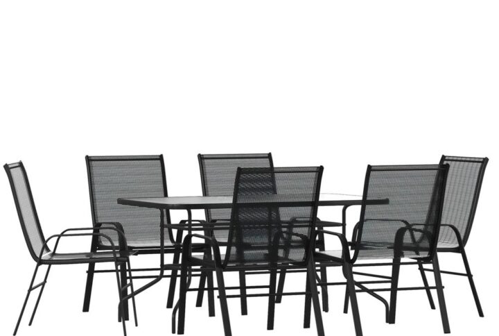 Have the beautiful patio or deck setting you've always wanted at your home or business with this modern outdoor patio dining set for 6. The sizable rectangular outdoor glass table has a designer rippled look