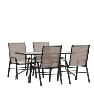 Have the beautiful patio or deck setting you've always wanted at your home or business with this modern outdoor patio dining set for 4. The sizable rectangular outdoor glass table has a designer rippled look