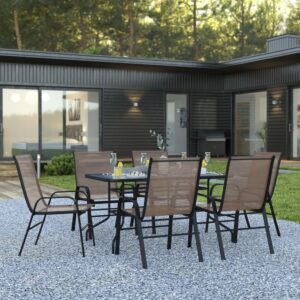 but is smooth to the touch to keep items level. The black metal base and frame provide a striking contrast to the glass top for an on-trend look. The overall design is enhanced by the ergonomic sling patio chairs that have breathable