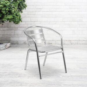 Add a gleaming shine to your space with this Heavy Duty Aluminum Stack Chair that can’t help but catch the eye. The sleek look of this chair will in your coffee shop or at your outdoor cafe. This chair is surprisingly lightweight and features a curved slat back and seat with integrated arms. Support braces under the seat add increased strength and stability. In fact