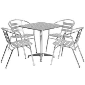 this square table and 4 chair set is just what you need. The table's stainless steel designer top has a smooth surface for keeping items level. The column and base are constructed of lightweight aluminum material. The lightweight chairs feature a curved triple slat back