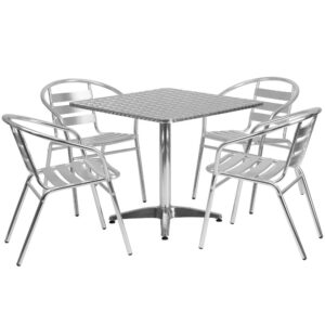 this square table and 4 chair set is just what you need. The table's stainless steel designer top has a smooth surface for keeping items level. The column and base are constructed of lightweight aluminum material. The lightweight chairs feature a curved triple slat back