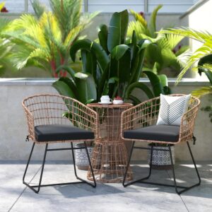 Effortless elegance is yours with the click of a button in this 3 piece bistro conversation set ideal for your indoor or outdoor spaces. Gently rounded backs and deep seats paired with super sturdy metal sled bases give the two club chairs a trendy
