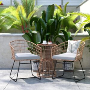 Effortless elegance is yours with the click of a button in this 3 piece bistro conversation set ideal for your indoor or outdoor spaces. Gently rounded backs and deep seats paired with super sturdy metal sled bases give the two club chairs a trendy