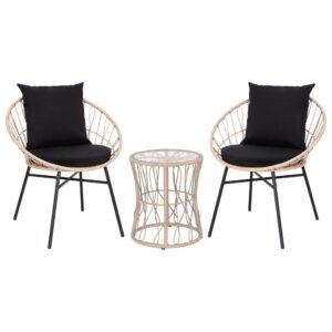 boho look of this 3 piece polyethylene rattan table and 2 chair set. The rounded papasan style seats