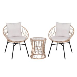 boho look of this 3 piece polyethylene rattan table and 2 chair set. The rounded papasan style seats