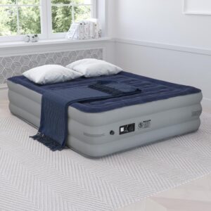 the navy blue upholstered flocked top over the gray base is pleasing to the eye and doesn't require bedsheets so there is no added expense. Quality is always essential when making a purchase and this blow up bed will definitely be an asset. Made from 100% PVC
