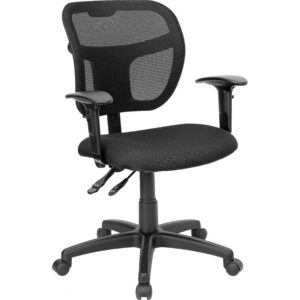 Mesh office chairs can keep you more productive throughout your work day with its comfort and ventilated design. The breathable mesh material allows air to circulate to keep you cool while sitting. Finding a comfortable chair is essential when sitting for long periods at a time. The mid-back design offers support to the mid-to-upper back region. The contoured backrest provides firm back support allowing your back to rest comfortably. The locking back angle adjustment lever changes the angle of your torso to reduce disc pressure. The waterfall front seat edge removes pressure from the lower legs and improves circulation. Chair easily swivels 360 degrees to get the maximum use of your workspace without strain. The pneumatic adjustment lever will allow you to easily adjust the seat to your desired height. The adjustable armrests take the pressure off the shoulders and the neck
