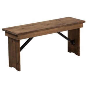 Add charm and beauty to your home with this rustic farmhouse style bench. This wood dining bench looks lovely when used in the entryway of your home or when paired with one of our solid pine farm dining tables. The plank top bench was beautifully constructed of solid pine that comfortably seats up to 2 people. Enjoy this bench as soon as you receive it by simply unfolding the legs and pushing the pins in to secure in place while in use. This beautiful bench was designed to be used indoors but may be used outdoors for special occasions during good weather. To store your folding bench