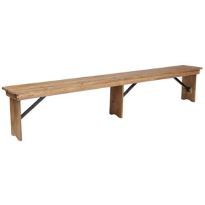 Add charm and beauty to your home with this rustic farmhouse style bench. This wood dining bench looks lovely when used in the entryway of your home or when paired with one of our solid pine farm dining tables. The plank top bench is beautifully constructed of solid pine that comfortably seats 3 to 4 people. Since there is no assembly required you can enjoy your purchase as soon as you receive it. Simply unfold the legs and push the pins in to secure in place while in use. This beautiful bench was designed to be used indoors but may be used outdoors for special occasions during good weather. To store your folding bench