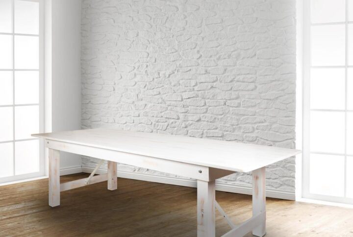 Set a stylish and rustic anchor in the heart of your home with our white rectangle dining room table where family can come together amongst delicious foods and great conversations. Accommodate visiting guests with this folding dining table with pins that provide extra stability while in use