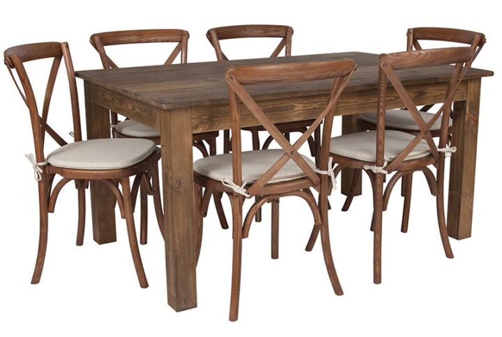 Invite family and friends out to dine in style on your brand new farm house style table set. This rustic style table will bring warmth to your kitchen or dining room. The robust design is suitable for the restaurant and hospitality industry. A simple