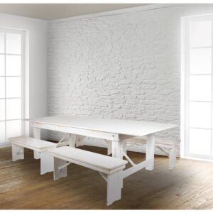 Invite family and friends over to dine in style on your modern farmhouse dining set. This rustic dining table will bring warmth to your kitchen or dining room. The robust design is suitable for the restaurant and hospitality industry. A simple