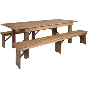 Invite family and friends over to dine in style on your modern farmhouse dining set. This rustic dining table will bring warmth to your kitchen or dining room. The robust design is suitable for the restaurant and hospitality industry. A simple