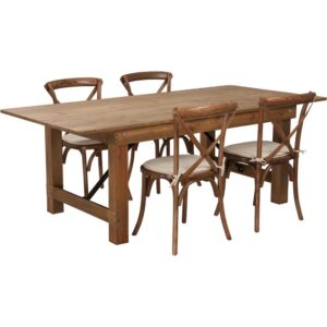Invite family and friends out to dine in style on your brand new farm house style table set. This rustic style table will bring warmth to your kitchen or dining room. The robust design is suitable for the restaurant and hospitality industry. A simple