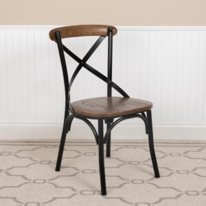 Add rustic flair to your dining room table with this x back dining chair. The industrial inspired design will add a unique appeal with its black metal frame and wooden accents. Constructed of 18-gauge steel and solid ashwood these side dining chairs were built for event halls