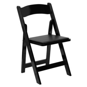 Create a memorable event with this stunning Black Wood Folding Chair with Vinyl Padded Seat. The chair is constructed of Beechwood that is finished in a clear lacquer varnish. The vinyl padded seat is detachable for easy replacement in heavy use venues. With an easy to clean surface