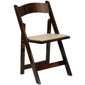 Create a memorable event with this stunning Fruitwood Folding Chair with Vinyl Padded Seat. The chair is constructed of Beechwood that is finished in a clear lacquer varnish. The vinyl padded seat is detachable for easy replacement in heavy use venues. With an easy to clean surface
