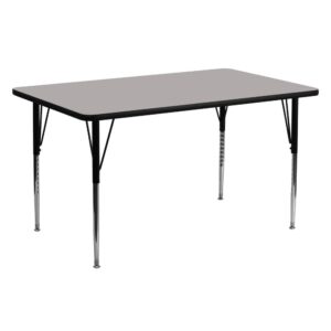 Let the learning begin on this popular adjustable rectangular activity table built to accommodate children and adults from 1st grade up. The classroom activity table is sized perfectly for collaborative learning as a single table or by grouping multiple tables together. The double-sided high pressure laminate top allows you to choose your color of choice and then affix the standard height legs to the top. The 24"W x 60"L table top is stain and warp resistant with a backing sheet to prevent moisture absorption while the black edge band seals the edges for long lasting usage. An attractive black powder coated finish protects the upper legs from scratches and height adjustable chrome lower legs give you the flexibility to raise or lower the table a full 9" in 1" increments. Self-leveling nylon floor glides keep the table from wobbling and protect your floor by sliding smoothly when you need to move it. Adjustable activity tables are a versatile option for classrooms