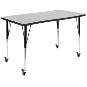 stain and warp resistant. An attractive black powder coated finish protects the upper legs from scratches and height adjustable chrome lower legs give you the flexibility to raise or lower the table a full 8" in 1" increments. Locking casters allow you to lock each caster as needed to move or lock in place. Mix various shaped nesting activity tables around the classroom for better interaction between students as well as helping to define workspaces. This table accommodates four 16" or 18" seat ergonomic shell stack chairs. For the ultimate classroom setup add our soft seating collaborative circle and moon shaped ottomans to add color and safety. Collaboration doesn't happen only in the classroom
