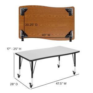 stain and warp resistant. An attractive black powder coated finish protects the upper legs from scratches and height adjustable chrome lower legs give you the flexibility to raise or lower the table a full 8" in 1" increments. Locking casters allow you to lock each caster as needed to move or lock in place. Mix various shaped activity tables around the classroom for kids to interact and define workspaces. This table accommodates six 12" or 14" seat plastic stackable school chairs or ergonomic shell stack chairs around its frame. For the ultimate classroom setup add our soft seating collaborative circle and moon shaped ottomans to add color and safety.