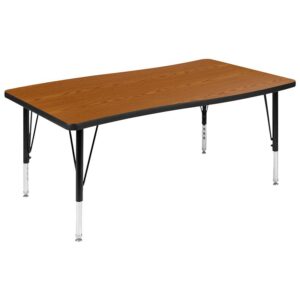 stain and warp resistant. An attractive black powder coated finish protects the upper legs from scratches and height adjustable chrome lower legs give you the flexibility to raise or lower the table a full 9" in 1" increments. Self-leveling nylon floor glides keep the table from wobbling and protect your floor by sliding smoothly when you need to move it. Mix various shaped activity tables around the classroom for kids to interact and define workspaces. This table accommodates six 12" or 14" seat plastic stackable school chairs or ergonomic shell stack chairs around its frame. For the ultimate classroom setup add our soft seating collaborative circle and moon shaped ottomans to add color and safety.